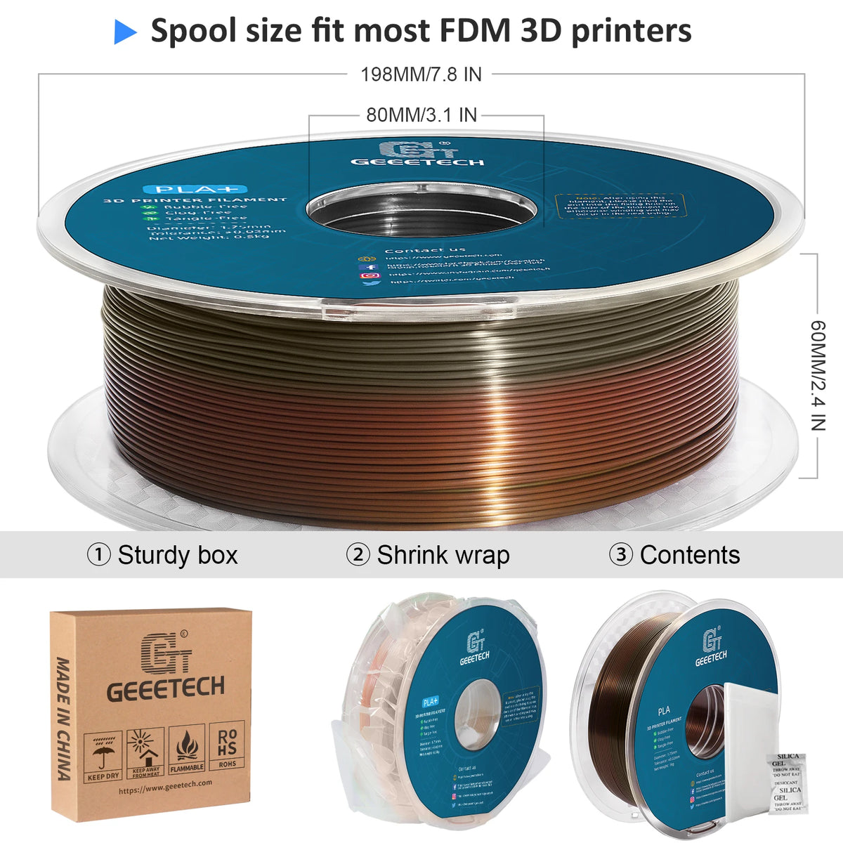 GEEETECH 10Kg 3d Silk PLA Filament 1.75mm Spool Wire For 3D Printer Material, Safety, Vacuum Packaging